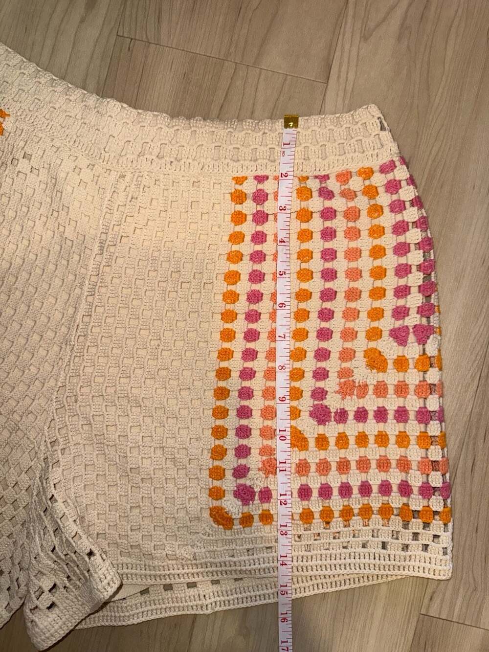 Sandro Crochet Knit High-Waist Shorts with Orange and Pink Detail - Picture 6 of 6